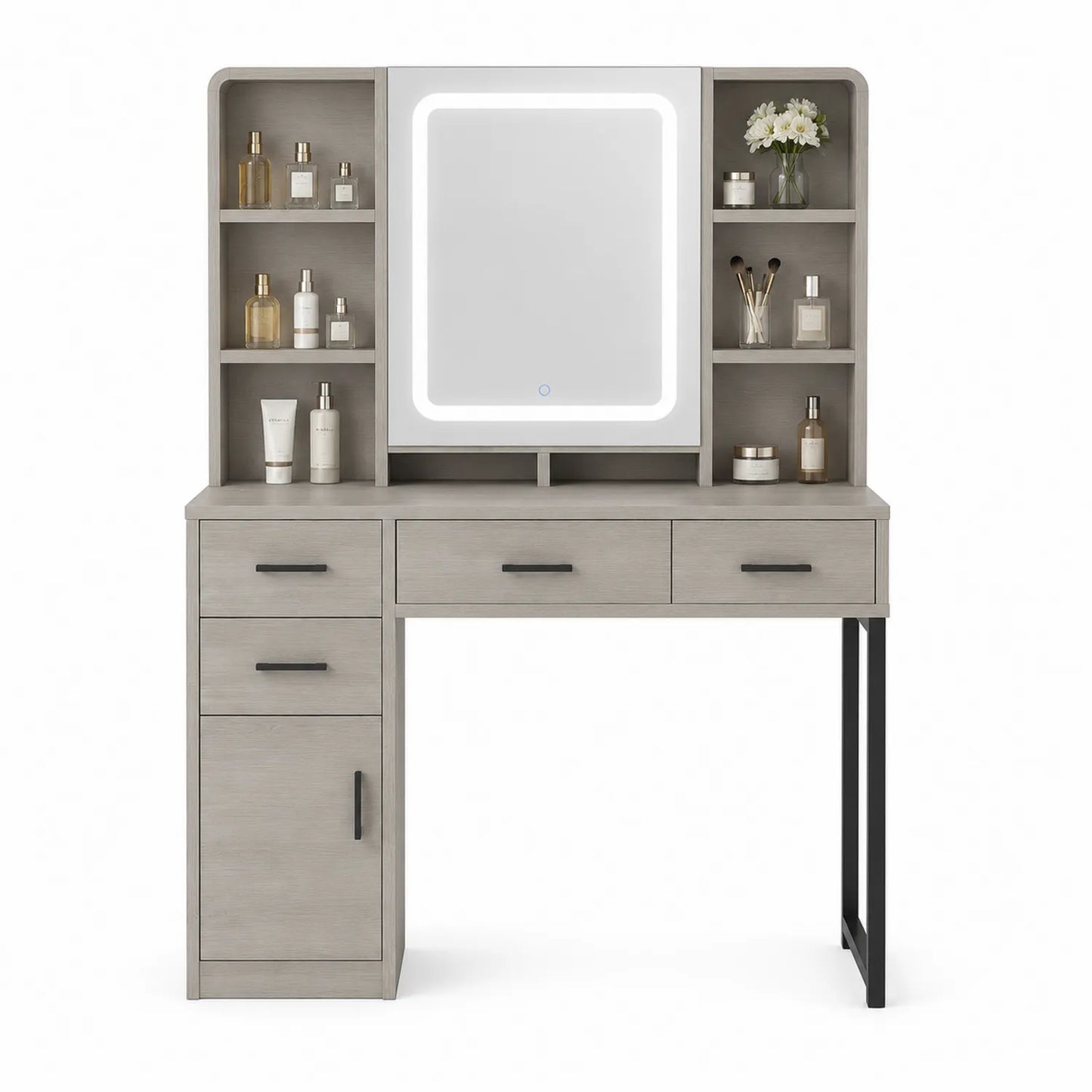 Toaletka z lustrem LED MDF i metal szara 120cm