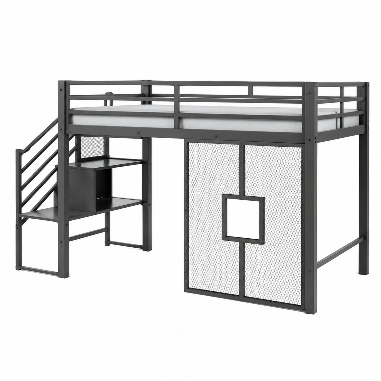 Metalowe łóżko piętrowe z drabinką i półkami 200x90 cm