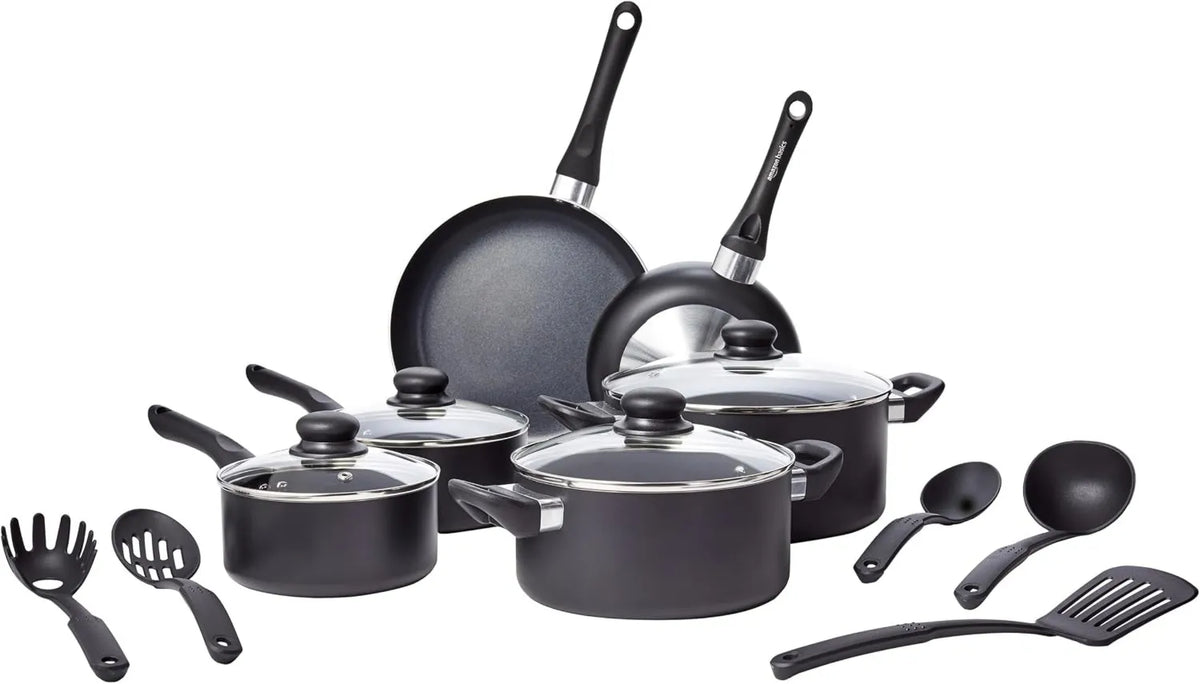 Amazon Basics, Bateria, bateria patelni i patelni, 15 pokoi, czarna, nieprzylegająca kuchnia 15 pokoi