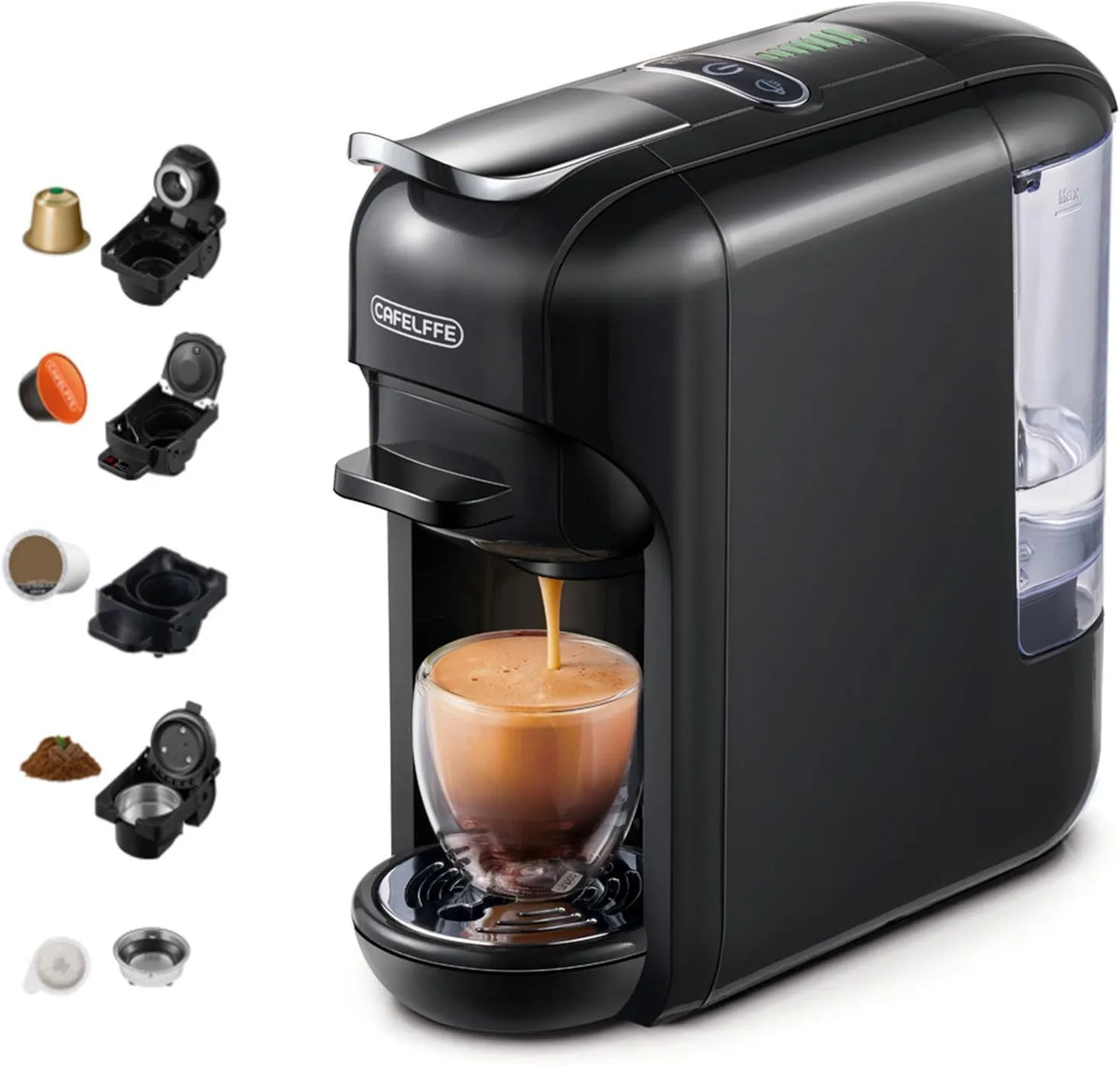 Cafelffe, Ekspresora, 1450 W, Kawa MK- 606 5- in-1, Kompatybilny z K- Cup / Nes Original / DG / 44 mm ESE i frezowanie, 7 wielkości infuzji MK-606 5-en-1 Original/DG/44