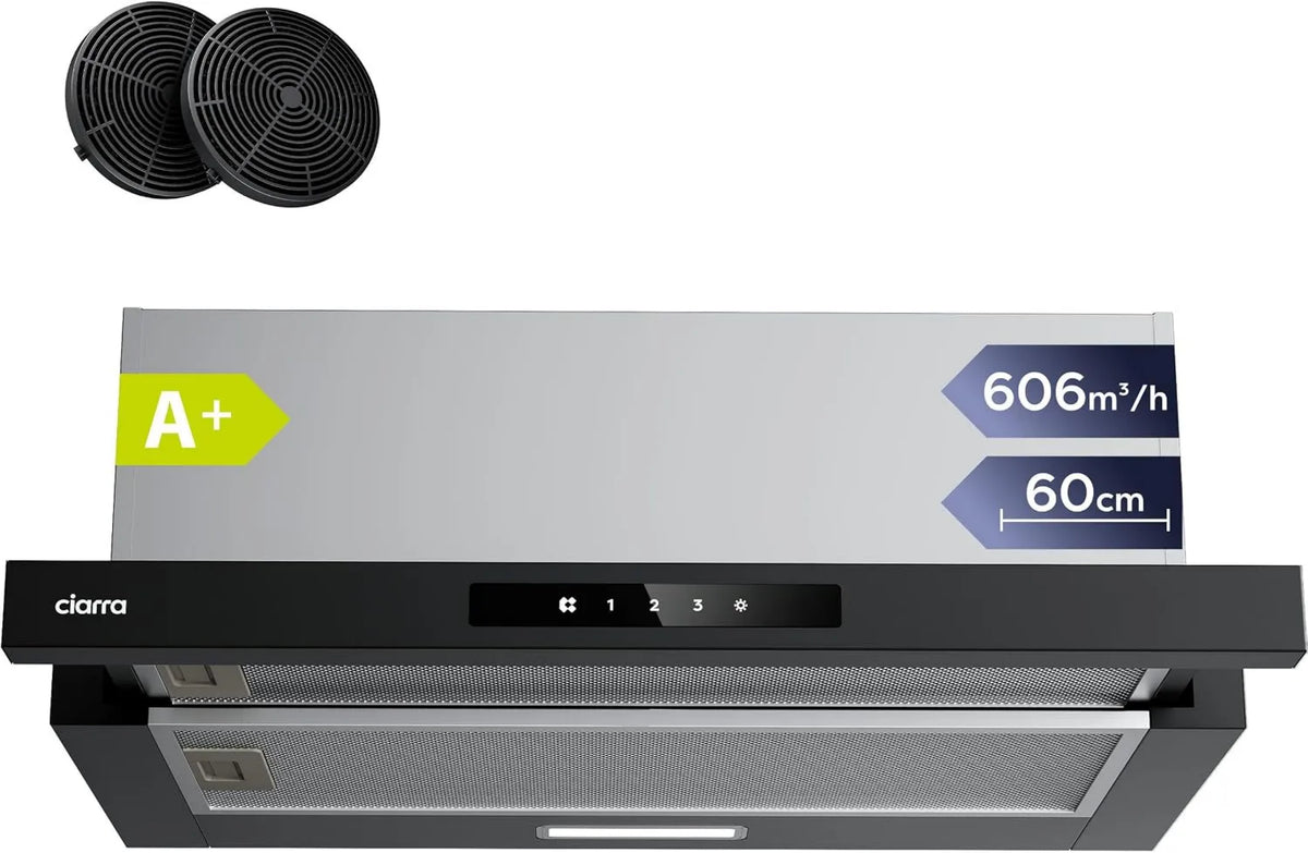 CIARRA okap kuchenny, CBB6909A CBCF055 Osłona ssąca, 60 cm, 606 m3 / h, Energia klasy A-, ewakuacja i recykling, oświetlenie LED, 3 prędkości CBCB6909A m3/h