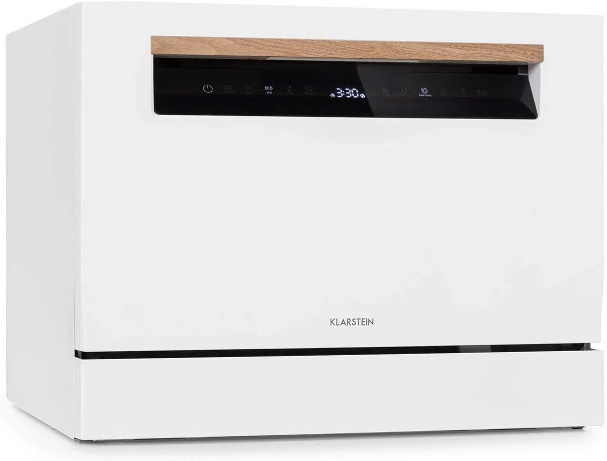 KLARSTEIN zmywarka kompaktowa, zmywarka do naczyń, 5 l, 1380 W, 7 programów, 49 dB, free- stojący, dotyk, czarny, 6 standardowych sztućców, Zużycie wody: 6, biały