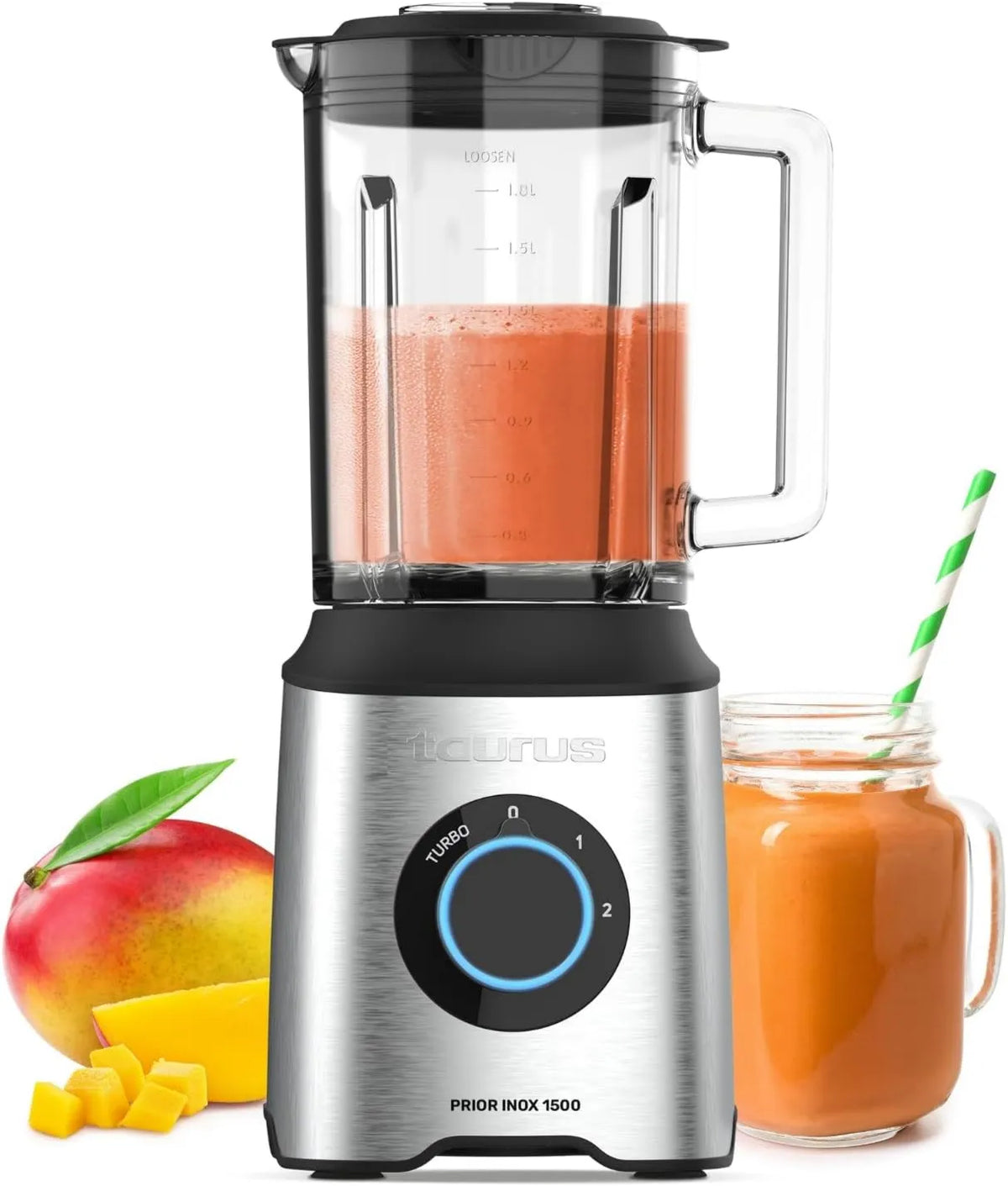TAURUS blender kielichowy, Blender, 2 l, 1500 W, stal nierdzewna, czarne, 6 ostrzy drucianych, 2 Speedy + Turbo, karafka szklana 2 l, bez BPA