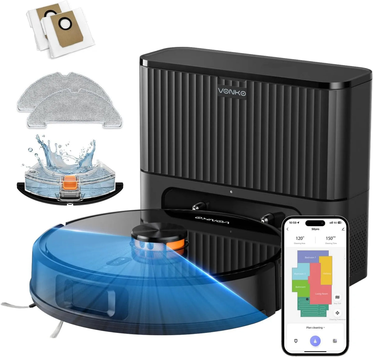 VONKO robot sprzątający, Odkurzacz robot, 180min, czarny, App & Alexa, 8000Pa, Nawigacja LiDAR 2, czas pracy