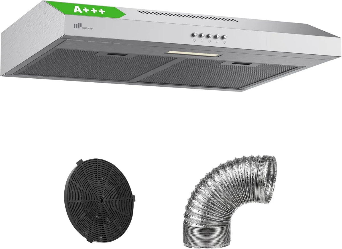 Upstreman okap kuchenny, Osłona próżniowa HU60, 60 cm, 220 m3 / h, 61 dB, energia klasy A-, ewakuacja i recykling, oświetlenie LED, 3 prędkości, tłumik m3/h