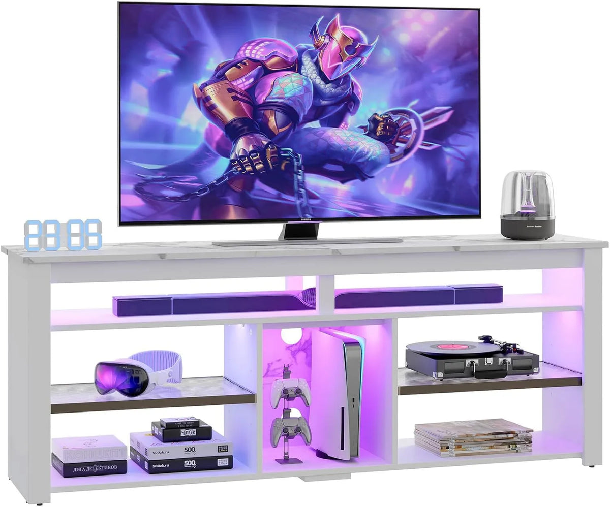 Bestier, Szafa TV PS5, 70 cali, dekoracja pokoju dziennego, biały, Wysokie centrum multimedialne z 2 diodami LED, Konsola z magazynem dla PS5