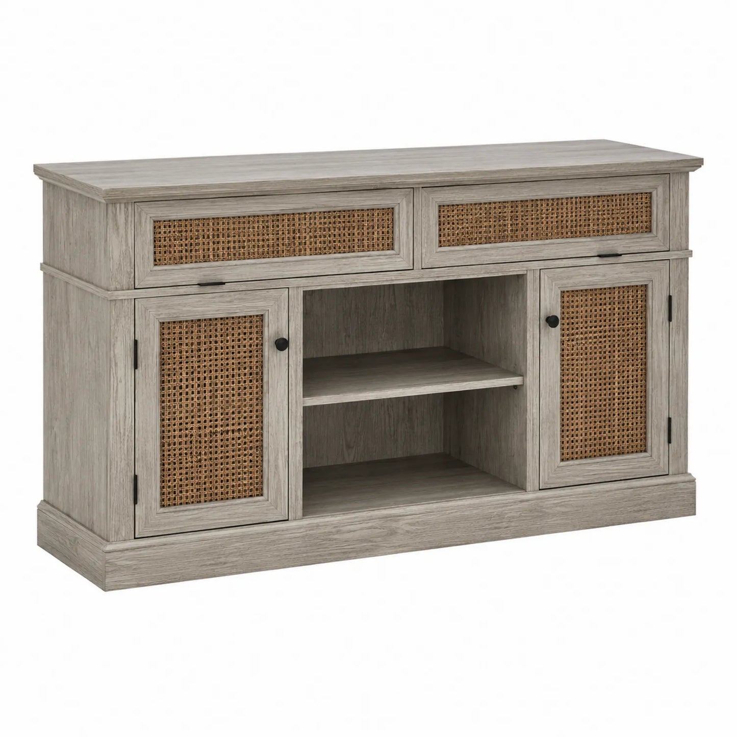 Szafka RTV z drewnem i frontami z rattanu szara 120x40x80 cm