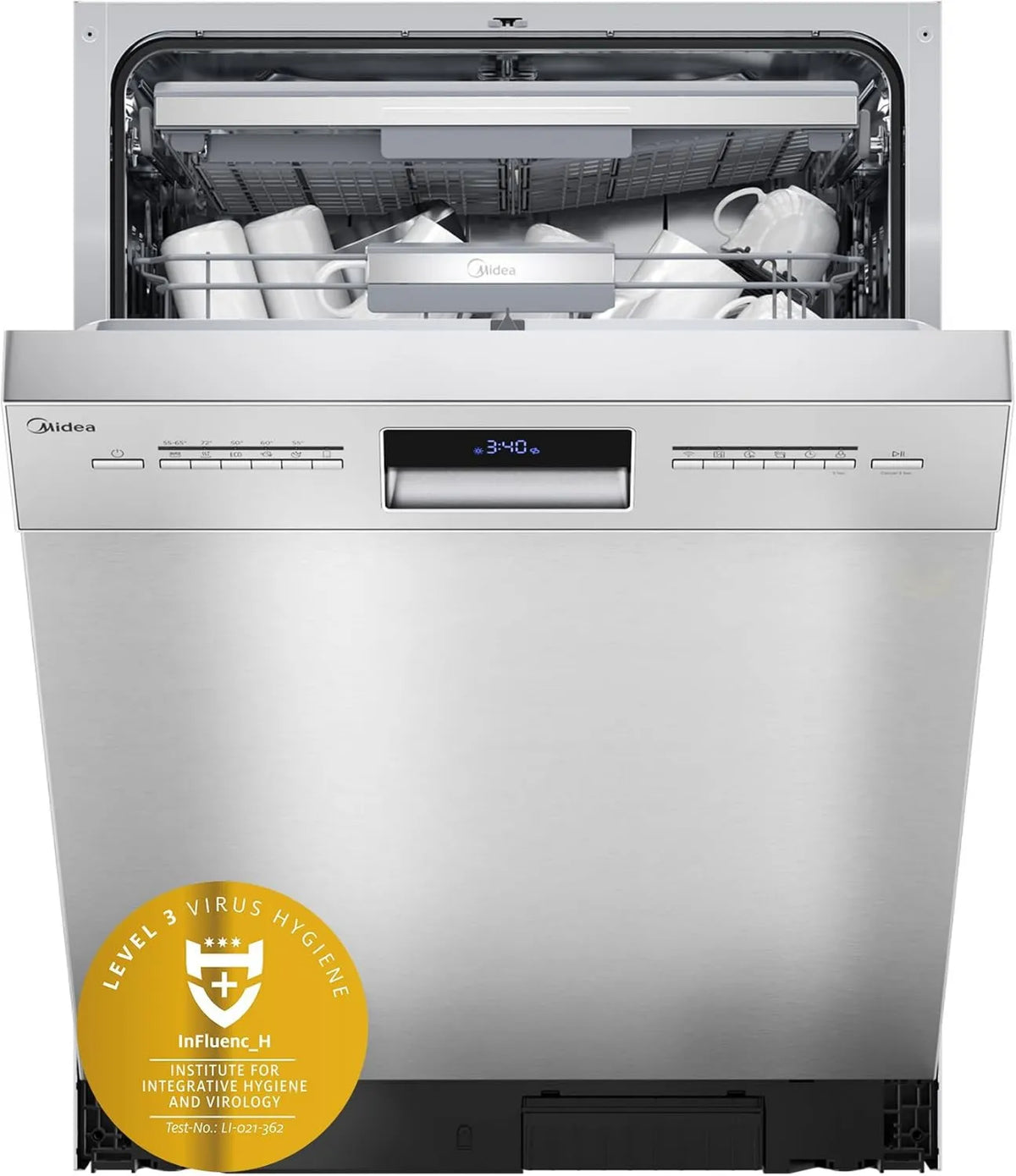 Midea zmywarka wolnostojąca, Zmywarka, 60 cm, 8 programów, 42 dB, 7.35X14BS, WiFi, stal nierdzewna, czas rozpoczęcia od 1 do 24 godzin, z WiFi, częściowo zintegrowany