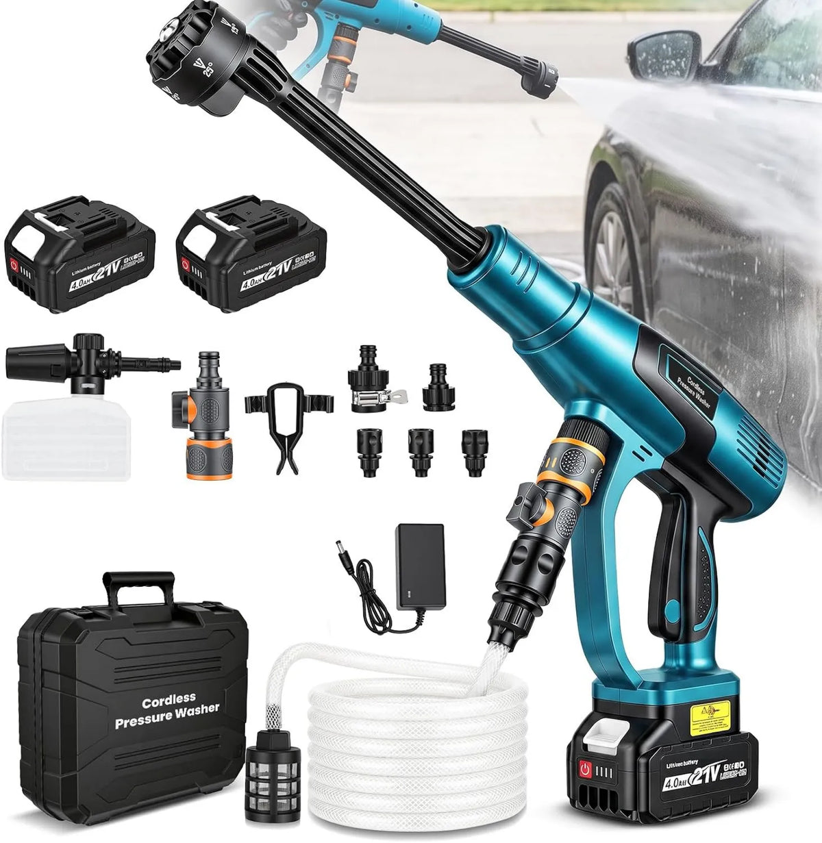 Yofuly, Makita 6- in-1 Wysokie czyszczenie ciśnieniowe, 18 V, przenośne, 3 prędkości, 330 l / h Hydro Blast, Przenośny czyszcznik z 2 Baterie 4, 0Ah, 5 m wąż 6-en-1