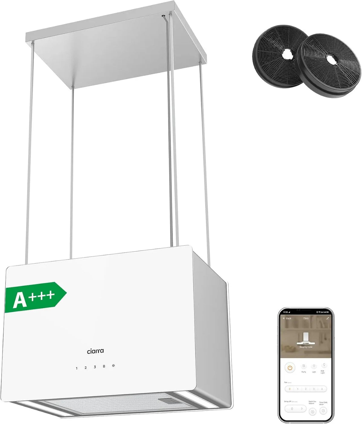 CIARRA okap kuchenny, CBCS4850 CBCF003, 48 cm, 700 m3 / h, klasa energetyczna A, Boost, dotyk, Wi-Fi, LED Dimmable, Okap podwieszany m3/h