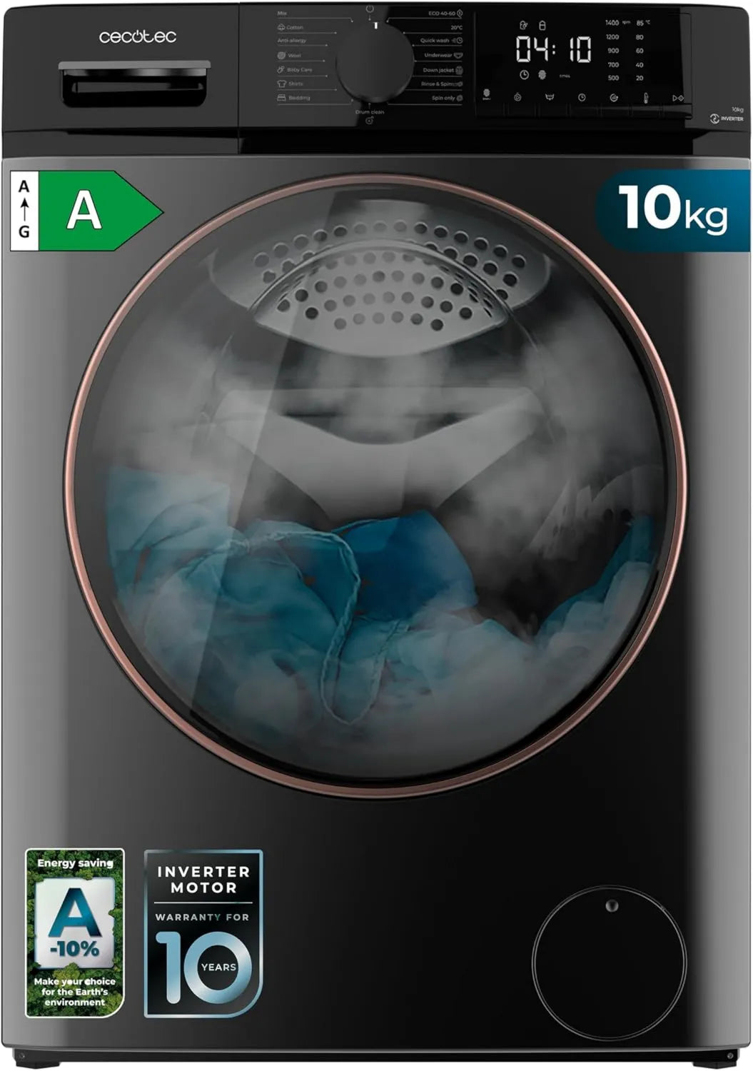 Cecotec pralka, 10 kg, 15 programów, silnik inwerterowy, funkcja pary, Bolero ładunek Front DressCode 10610 Inverter Steel A. 1400 obr./min