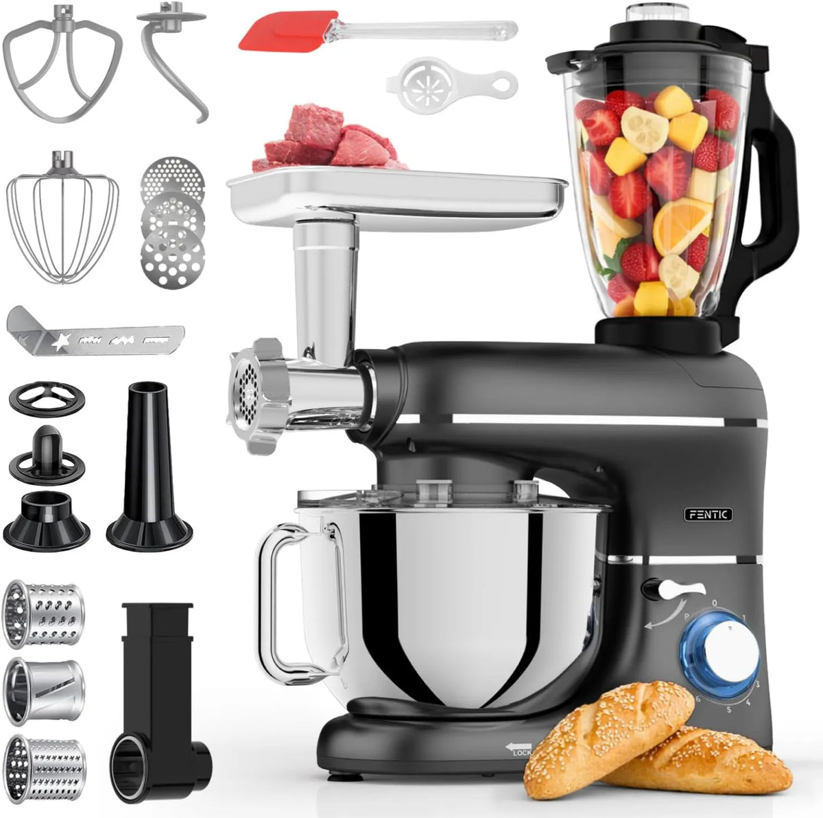 Robot kuchenny, 2000 W, 6,2 l, procesor żywności, miska do mieszania 6,2 l, w zestawie maszynka do mielenia mięsa, blender i dodatkowe akcesoria