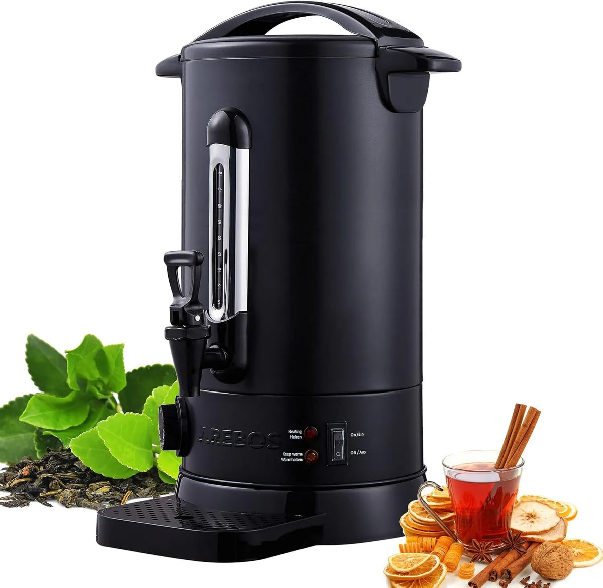AREBOS, Dyspenser, 20 l, 1650 W, 30 do 110°C, 90 Kubeczków, termostat, 2 strefy temperaturowe, stal nierdzewna, funkcja grzewcza, drewno