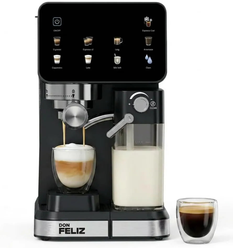 Don Feliz automatyczny ekspres do kawy, Ekspresso Ekspresso maszyna, 1, 5 l, 1350 W, duży zbiornik, LCD ekran, 500 ml zbiornik mleka, Cappuccino, 5 l zbiornik wody
