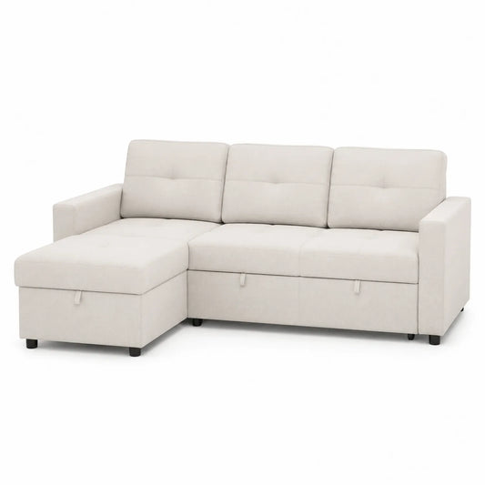 Beżowa sofa narożna z tkaniny z funkcją spania i pojemnikiem 250x150 cm
