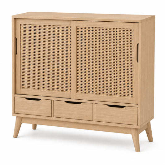 Komoda z drewna dębowego z rattanowymi drzwiami 120x40x90cm