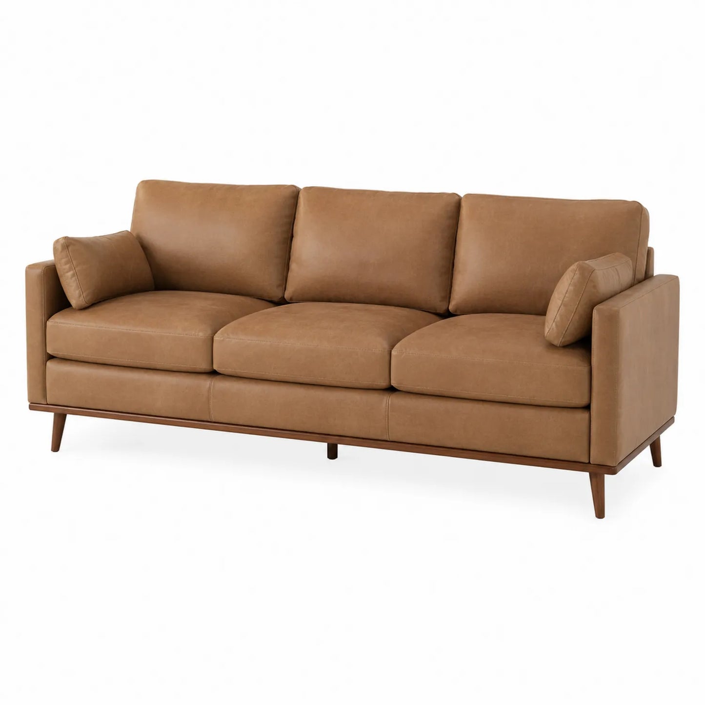 Sofa trzyosobowa z ekoskóry brązowa z drewnianą ramą