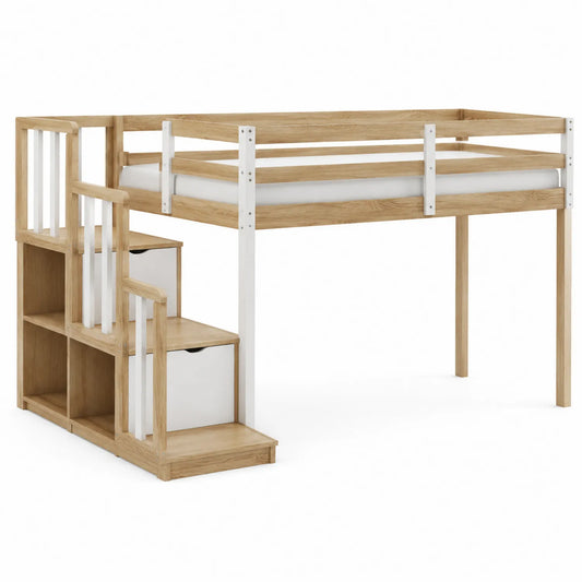 Łóżko piętrowe z MDF i stali z szufladami 200x90 cm Dąb/Biały