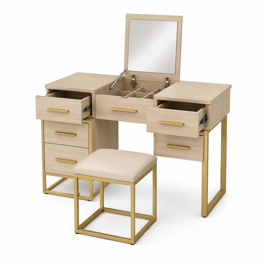 Drewniana toaletka z lustrem i szufladami, beżowa, metalowe nóżki