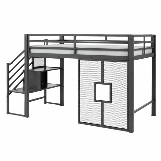 Metalowe łóżko piętrowe z drabinką i półkami 200x90 cm