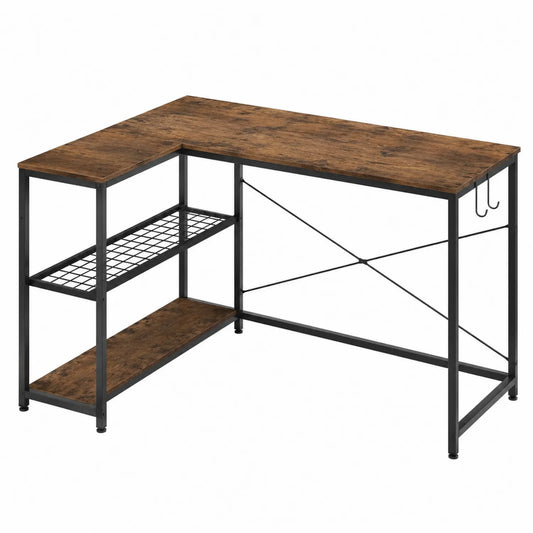 Narożne biurko z płyty wiórowej i metalu z półkami i haczykami 120x74x70 cm
