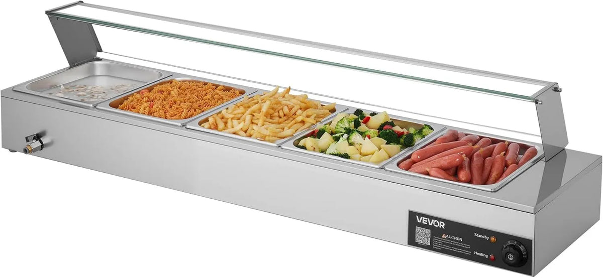 VEVOR, Ogrzewanie w formie bufetu ze stali nierdzewnej, Ogrzewanie z płytą elektryczną 1500 W, Bath- Marie Comptoir, z 5 Gastros Trays 1, 2 i Capot szklany