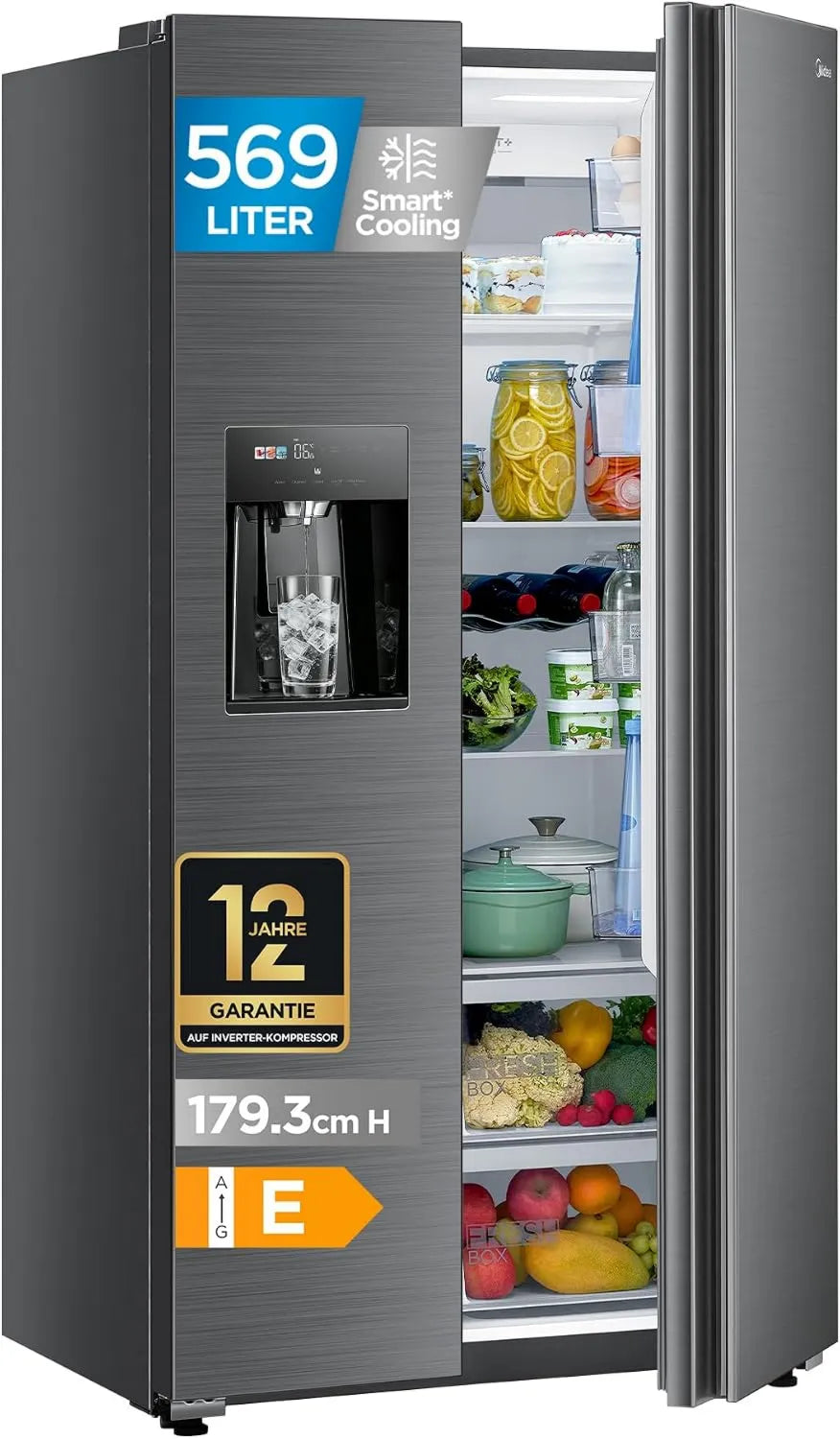 Midea lodówka do zabudowy, Lodówka, 569 l, bez mróz, WiFi, stal nierdzewna, 3 w 1 dozownik wody ze stałym podłączeniem wody, sterowanie WiFi, Side by Side