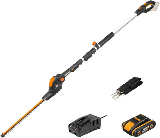 Worx WG252E nożyce do żywopłotu, 2,0 Ah, zasilanie akumulatorowe, uchwyt teleskopowy, laserowo cięty nóż diamentowy, 1 godz. szybka ładowarka