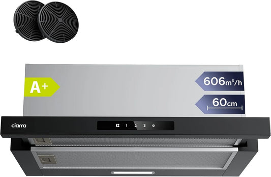 CIARRA okap kuchenny, CBB6909A CBCF055 Osłona ssąca, 60 cm, 606 m3 / h, Energia klasy A-, ewakuacja i recykling, oświetlenie LED, 3 prędkości CBCB6909A m3/h