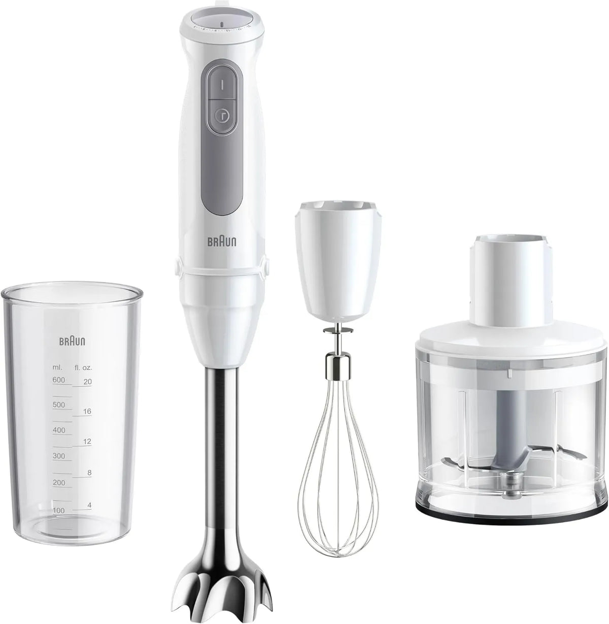 Braun blender ręczny, MQ50236M Blender, 1000 W, biały, minishaker 500 ml, 600 ml szkło dozujące, 21 prędkości + Turbo, MultiQuick 5 500 ml 600 ml