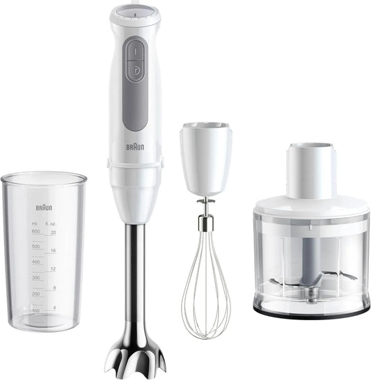 Braun blender ręczny, MQ50236M Blender, 1000 W, biały, minishaker 500 ml, 600 ml szkło dozujące, 21 prędkości + Turbo, MultiQuick 5 500 ml 600 ml