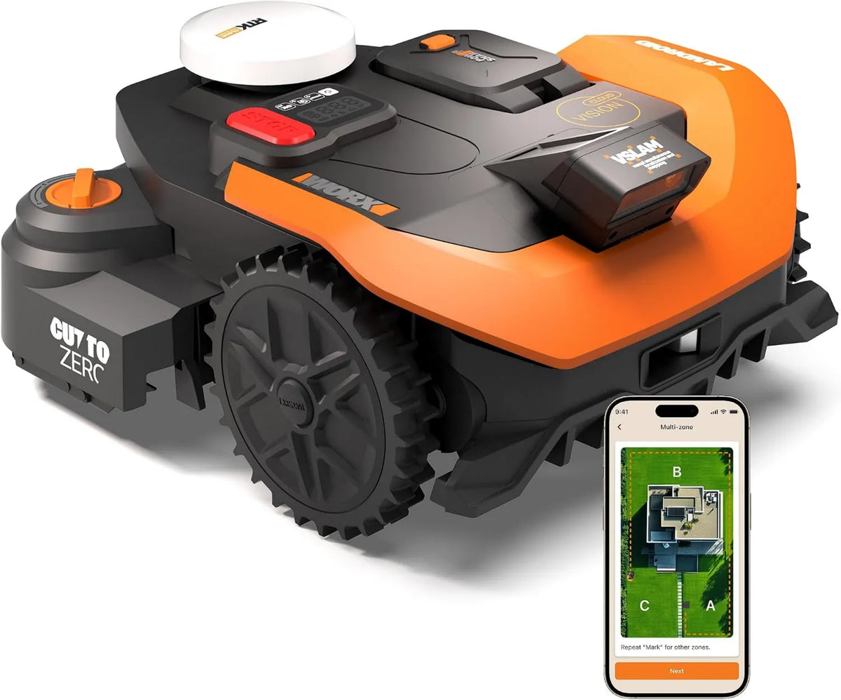 Worx WR312E 2WD, 1200 m², 60 mm, praca automatyczna, wykrywanie przeszkód AI, nawigacja VSLAM+RTK Cloud, automatyczne mapowanie