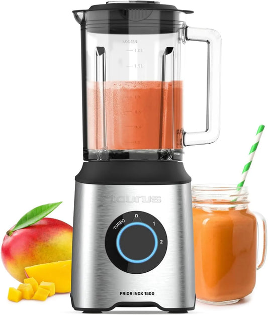 TAURUS blender kielichowy, Blender, 2 l, 1500 W, stal nierdzewna, czarne, 6 ostrzy drucianych, 2 Speedy + Turbo, karafka szklana 2 l, bez BPA
