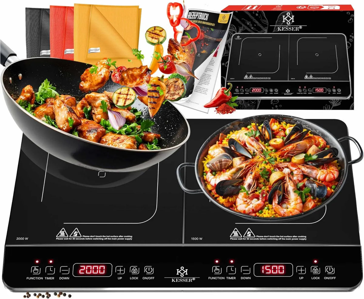 KESSER kuchenka przenośna, Płyta indukcyjna, 57 cm, 3500 W, indukcyjny stół do gotowania, licznik, przenośne, 3 ścierki z mikrofibry + 1 książka kucharska, 2 płyty