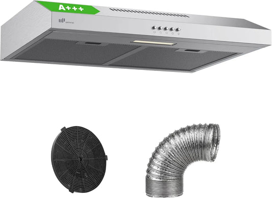 Upstreman okap kuchenny, Osłona próżniowa HU60, 60 cm, 220 m3 / h, 61 dB, energia klasy A-, ewakuacja i recykling, oświetlenie LED, 3 prędkości, tłumik m3/h