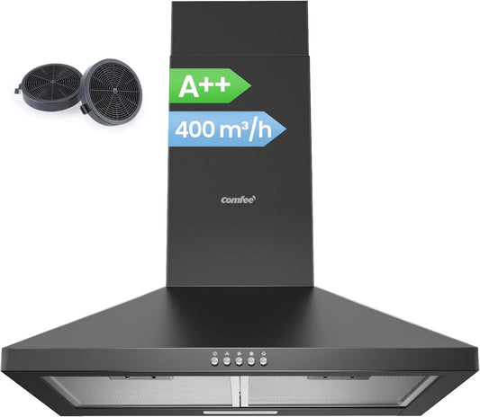 Comfee okap kuchenny, Okap próżniowy, 60 cm, 400 m3 / h, 'CH60A17EM400B-EU, 3 prędkości, czarny, LED lampy, 400m3, recyrkulacji i ewakuacji m3/h