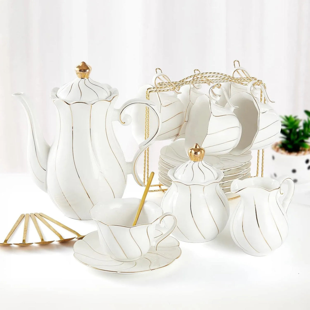 DUJUST, zestaw herbaty, zestaw luksusowy brytyjski styl filiżanek herbaty ze złotym graniem, 22 sztuk biały zestaw herbaty porcelanowej dla 6
