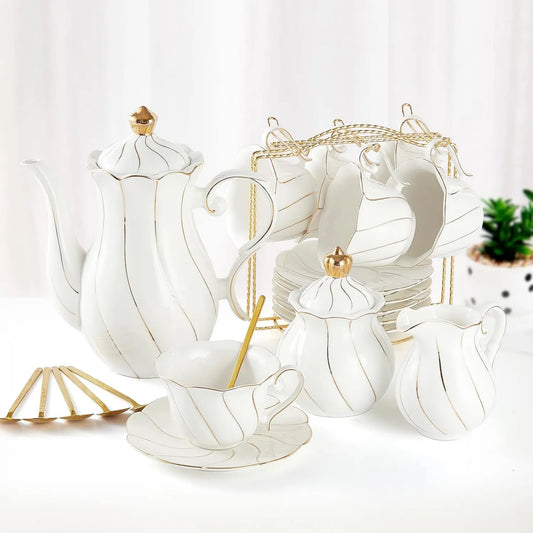 DUJUST, zestaw herbaty, zestaw luksusowy brytyjski styl filiżanek herbaty ze złotym graniem, 22 sztuk biały zestaw herbaty porcelanowej dla 6