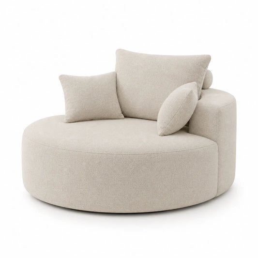 Okrągła sofa z tkaniny piaskowa z dwoma poduszkami 150cm