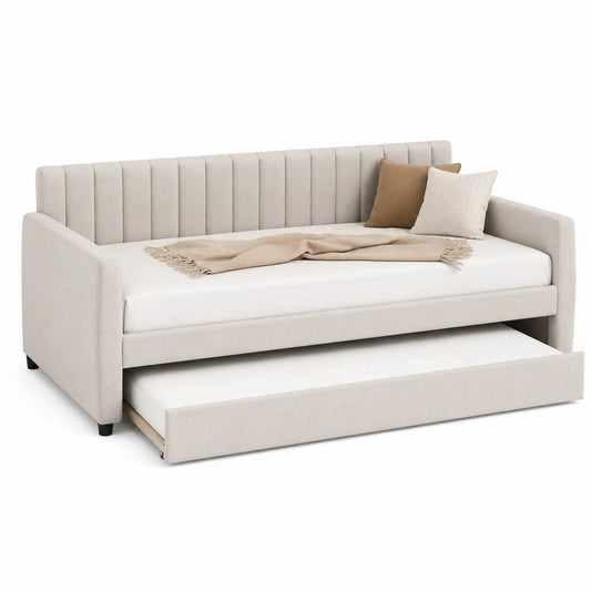Rozkładana sofa z materacem tapicerowana beżowa 90x200 cm