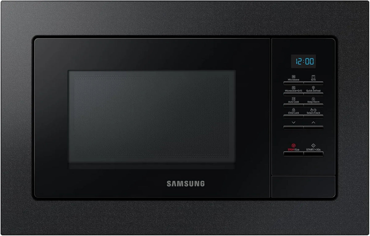Samsung, MG20A7013CB / EG Kuchenka mikrofalowa, 28 cm, 20 l, 850 W, do zabudowy, czarny, z ramą montażową, kruchej płyty, emalia wnętrze MG20A7013CB/EG