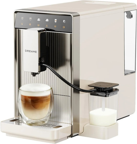 dreame automatyczny ekspres do kawy, Kompaktowa konstrukcja 18 cm, Drame Ecceluxe Slim Automatyczna ekspres do kawy espresso, łatwe czyszczenie, 5 napojów, 9 pozioma szlifierka, ekran dotykowy