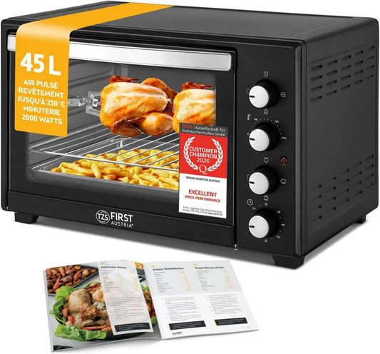 TZS First Austria mini piekarnik, Pizza piekarnik elektryczny, 45 l, 2000 W, zegar, grill, powłoka non@-@ stick, 2 strefy temperatury, 4 wysokości wkładki, TZS Pierwsza Austria