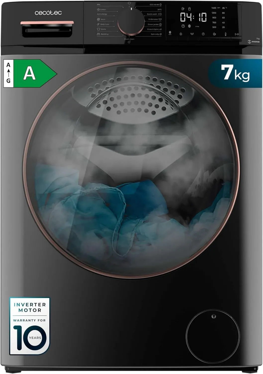 Cecotec pralka, Bolero Dresscode 7610, 15 programów, 7 kg, klasa energetyczna A, Inwerter, para, 1400 tr, min