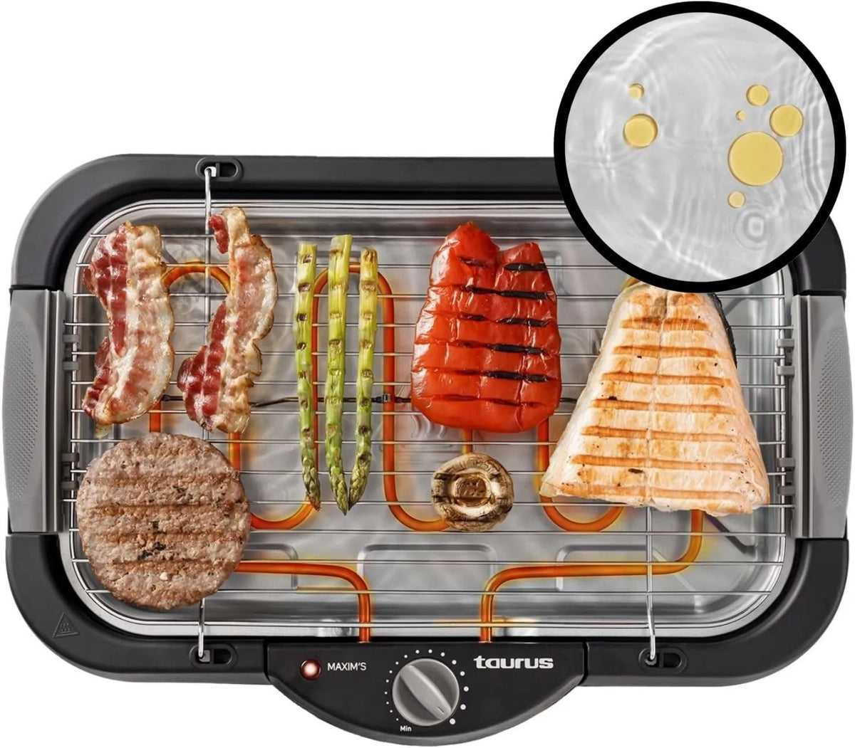 TAURUS grill elektryczny, Grill, 41x24 cm, 2400 W, na zewnątrz, termostat, funkcja grzewcza, czarny