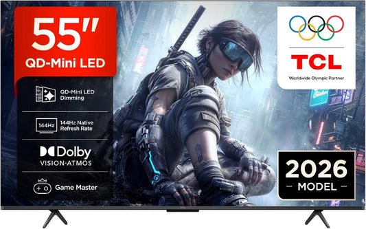 TCL telewizor, Google 55T8D Smart TV, 55 cali, 144 Hz, TV, 4K UHD, QLED, HDR, dźwięk Dolby, HDR10 + & Atmos, Apple AirPlay 2, Dolby Atmos, Dolby Vision