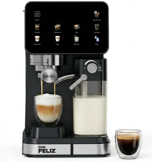 Don Feliz automatyczny ekspres do kawy, Ekspresso Ekspresso maszyna, 1, 5 l, 1350 W, duży zbiornik, LCD ekran, 500 ml zbiornik mleka, Cappuccino, 5 l zbiornik wody